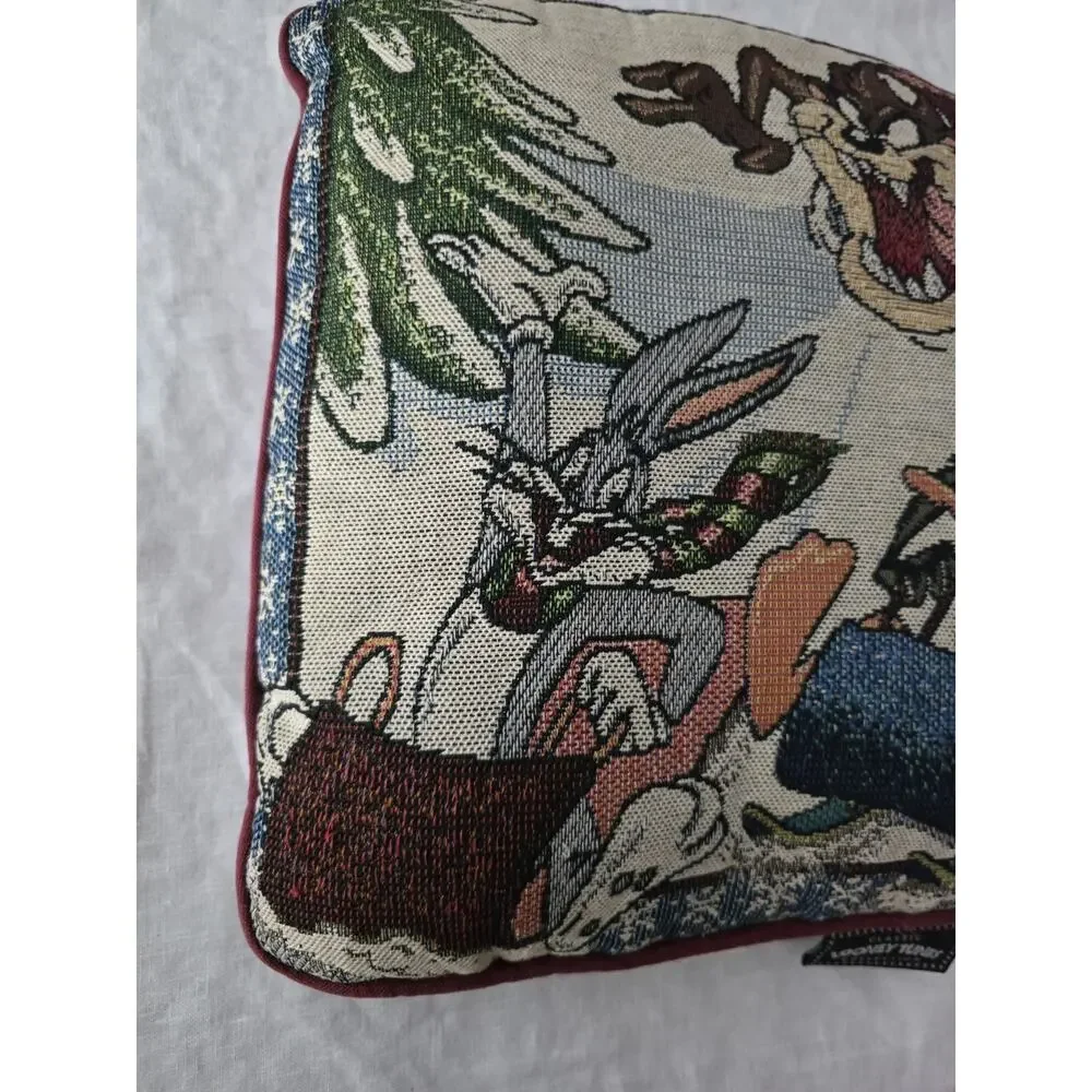 Vinrage Looney Tunes Christmas Tapestry Pillow Woven Warner Bros Rare 1998
